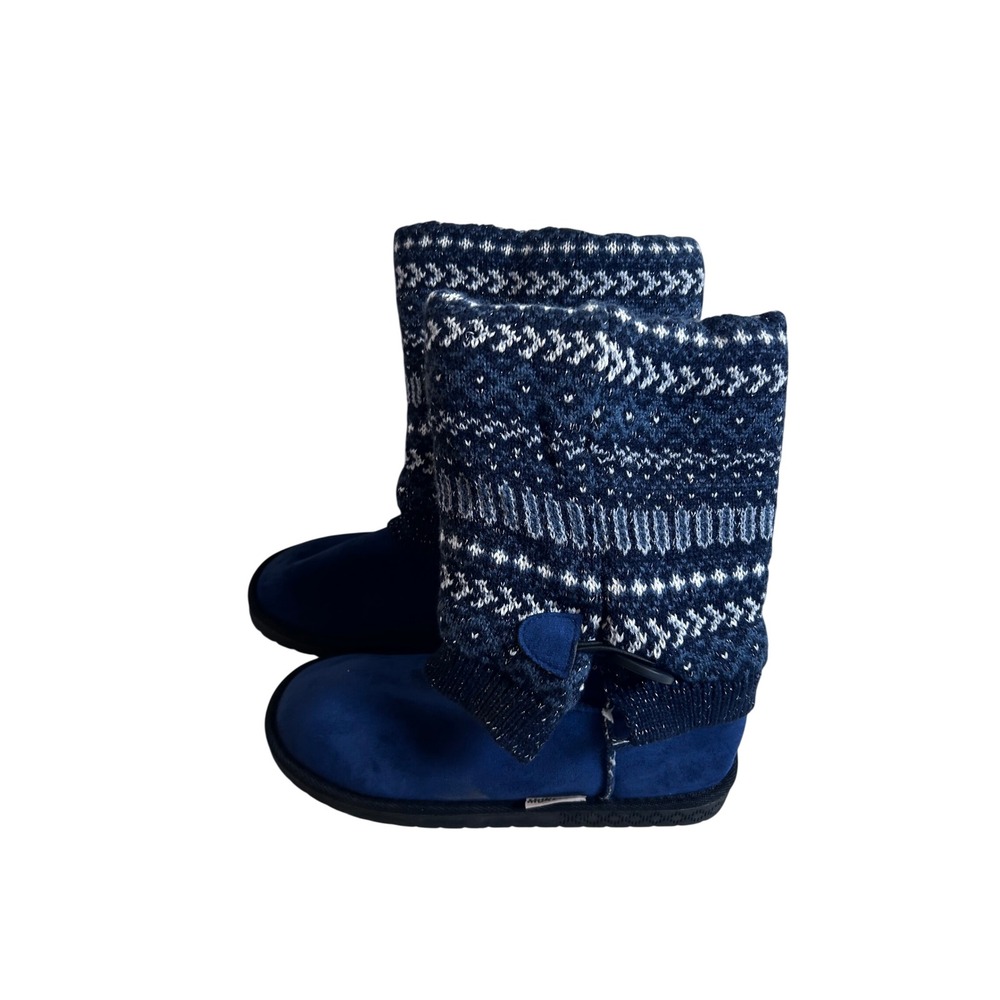 Muk Luks Knit Boots Size 7 Blue Fair Isle Faux Fur Lined Women